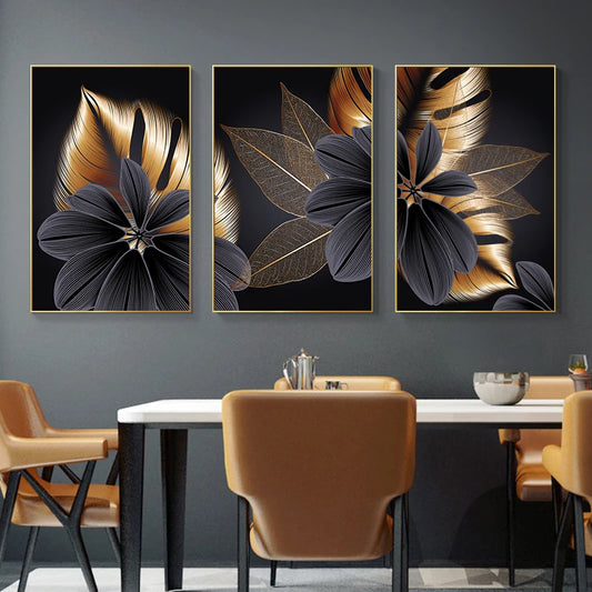 Abstract Luxury Blossom Flower Leaf Canvas Painting Wall Picture for Living Room Plant Wall Art Nordic Black Copper Poster Decor