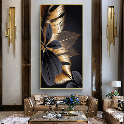 Abstract Luxury Blossom Flower Leaf Canvas Painting Wall Picture for Living Room Plant Wall Art Nordic Black Copper Poster Decor