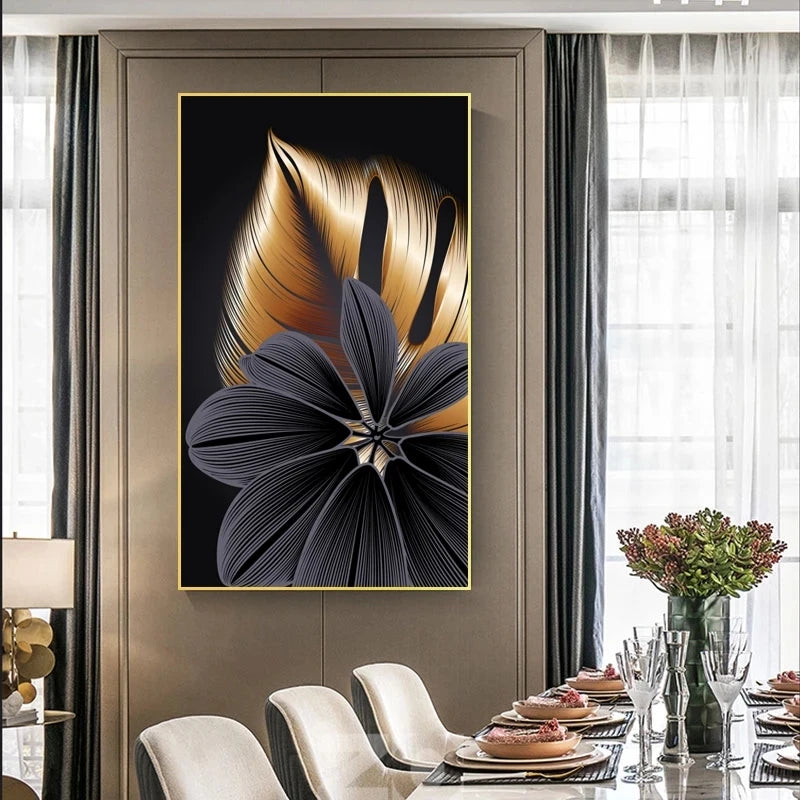 Abstract Luxury Blossom Flower Leaf Canvas Painting Wall Picture for Living Room Plant Wall Art Nordic Black Copper Poster Decor