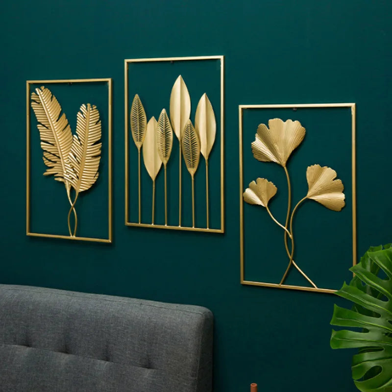 Nordic Ginkgo Leaf Wall Hanging Ornaments Modern Luxury Metal Square Gold Leaf Art Frame Background Wall Living Room Home Decor