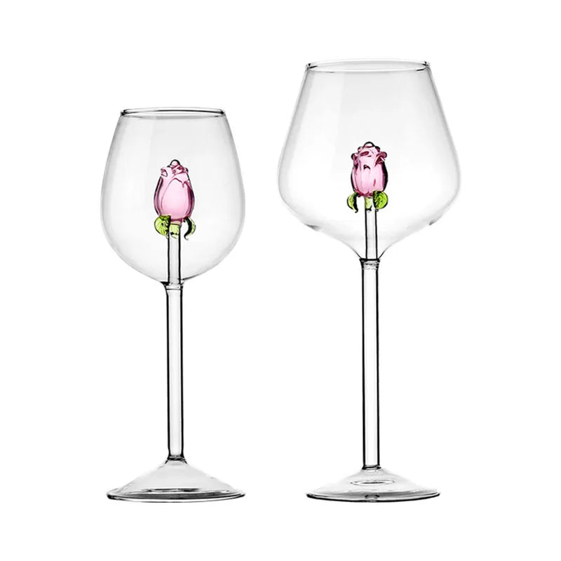 1 Piece Creative 3D Pink Glass Rose Build-in Red White Wine Glasses Cup Stemware Goblets Champagne Flute Household Lovely Gift