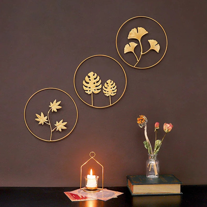 Golden Round Wall Hanging Nordic Light Luxury Round Wall Hanging Palm Leaf Ginkgo Leaf Metal Wall Hanging Home Decoration