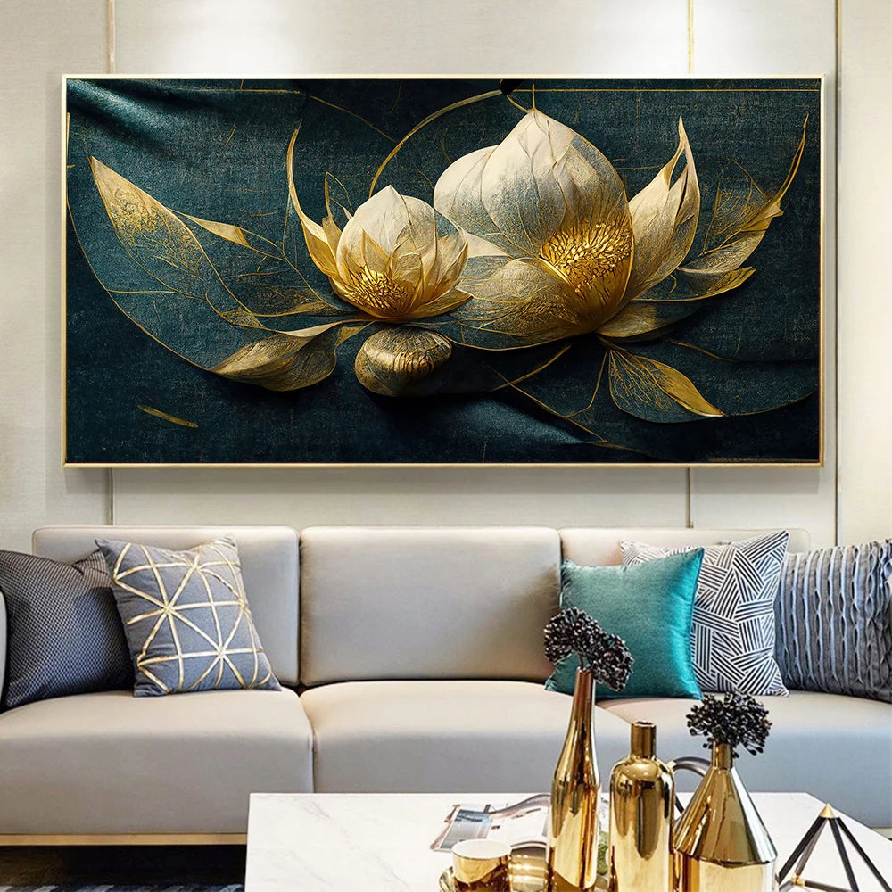 Green Gold Lotus Flower Wall Art Poster Print Canvas Painting Elegant Luxury Plants Floral Picture Living Room Home Decor Cuadro