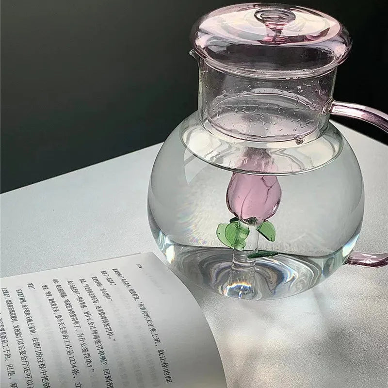 Creative Rose Shape Glass Kettle with Handle Transparent Household Water Glass Milk Breakfast Cup Teapot Glass Kettle