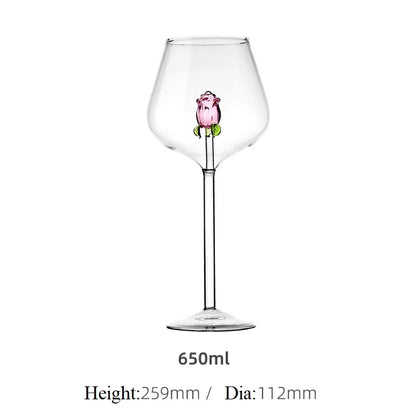 1 Piece Creative 3D Pink Glass Rose Build-in Red White Wine Glasses Cup Stemware Goblets Champagne Flute Household Lovely Gift