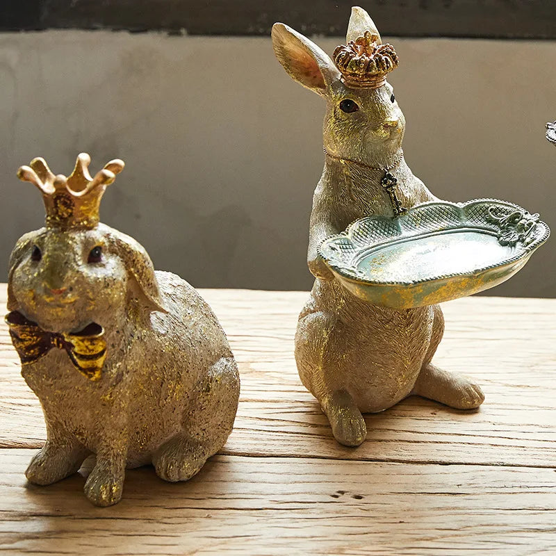 American light luxury retro resin crown rabbit tray storage desktop ornaments home decoration fairy tale garden figurines crafts