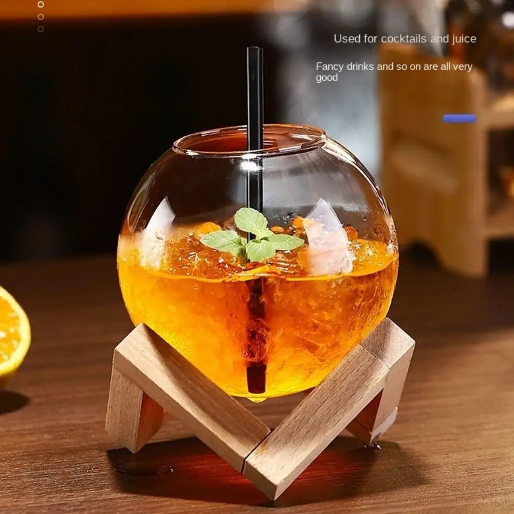 1 PC Elegant and Sophisticated Creative Ball Shape Coffee Juice Cocktail Glasses Cup with Wood Base