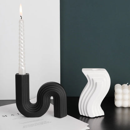 Euro Architectural Style Ceramic Candlestick Holder,Candle Holders Home Decor, White Black Artistic Shape Tabletop Candle Stand