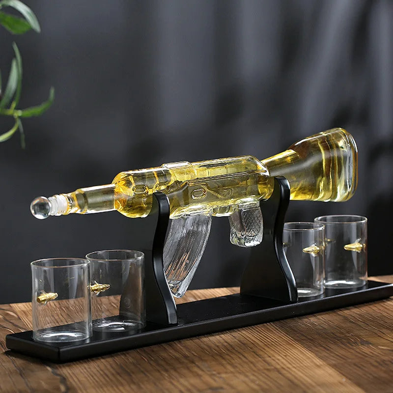 AK47 Gun Shape High-End Glass Whisky Decanter Elegant Wine Container Dispenser With Holder Rack Home Bar Decoration Decanters