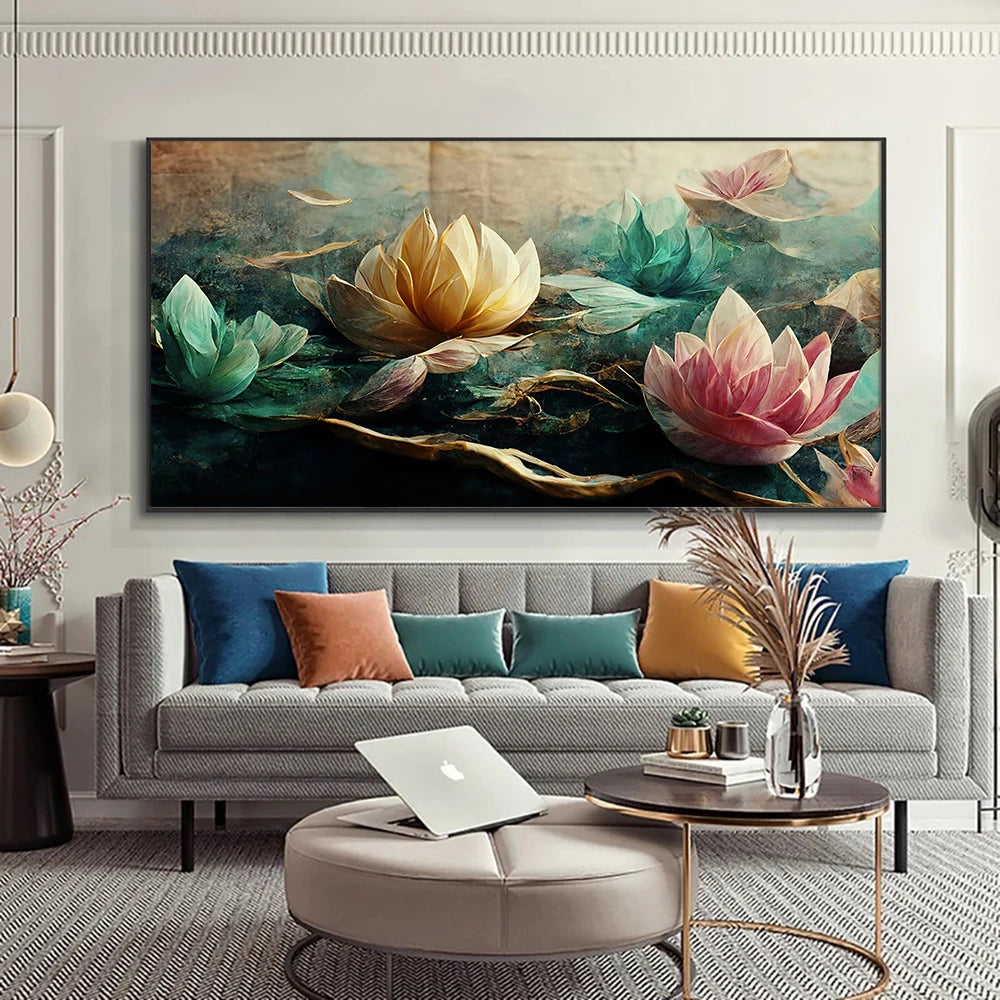 Green Gold Lotus Flower Wall Art Poster Print Canvas Painting Elegant Luxury Plants Floral Picture Living Room Home Decor Cuadro