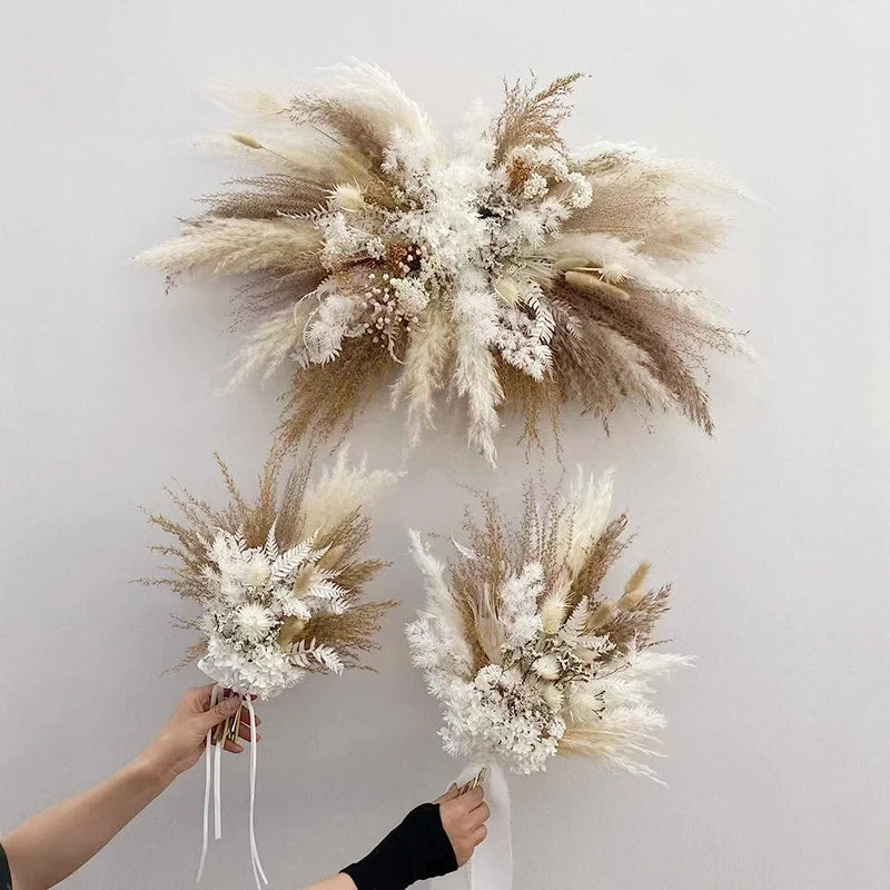 Dried Flower Wedding Arch Row Table Flower Pampas Grass Artificial Rose Boho Wedding Flower Arrangement Party Photo Display