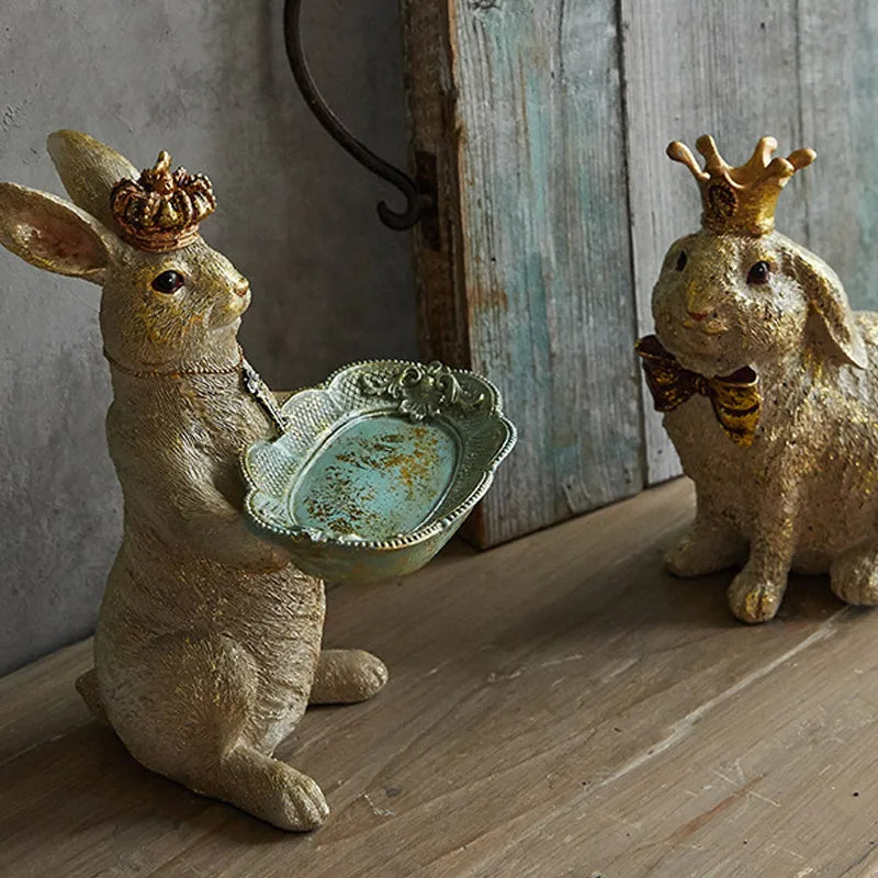 American light luxury retro resin crown rabbit tray storage desktop ornaments home decoration fairy tale garden figurines crafts