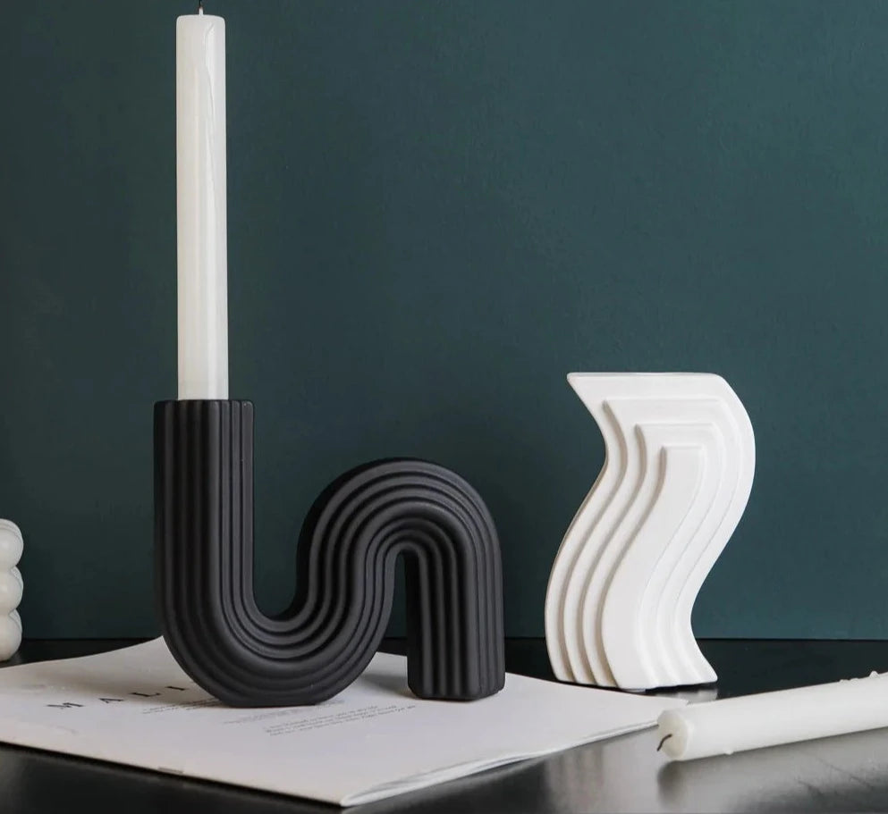 Euro Architectural Style Ceramic Candlestick Holder,Candle Holders Home Decor, White Black Artistic Shape Tabletop Candle Stand