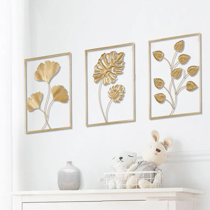 Nordic Ginkgo Leaf Wall Hanging Ornaments Modern Luxury Metal Square Gold Leaf Art Frame Background Wall Living Room Home Decor